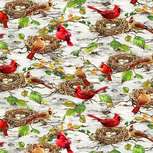 Timeless Treasures Secret Hollow - Cardinals & Bird Nests DONA-CD4269 Blue | SOLD BY THE HALF-YARD