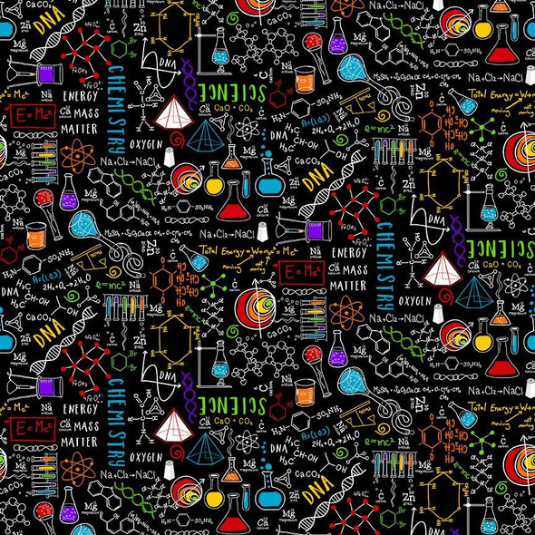 Timeless Treasures Spaced Out Science - Science Equations FUN-CD3979 BLACK | SOLD BY THE HALF-YARD