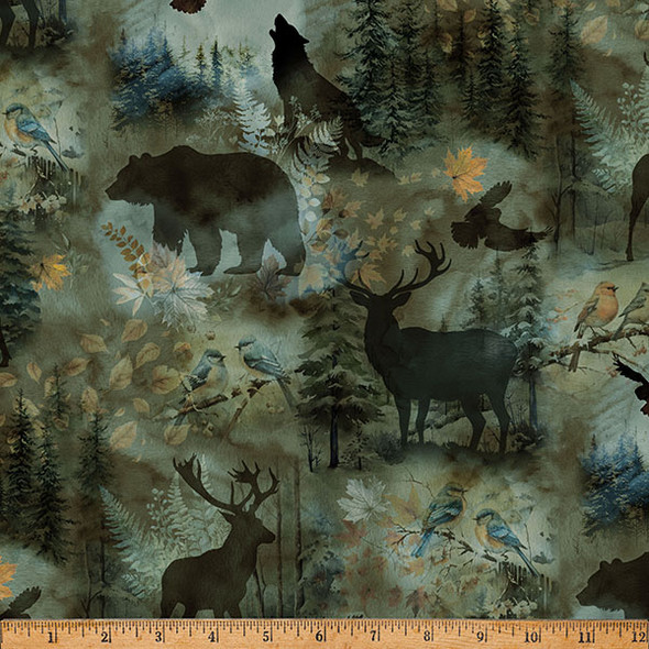 Hoffman Stag and Stone Y5799 157 Verde Shadow Wildlife Bear Deer | SOLD BY THE HALF-YARD