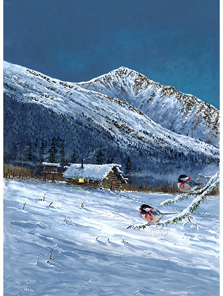 Hoffman Holiday Hideaway PANEL Y5765-19 Navy Snowy Mountains Cabin with Chickadees 31.75" X 44" Fabric Panel