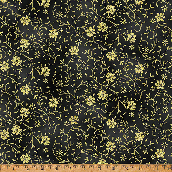 Hoffman Ornament Grove Y7807-4G Black Gold Floral Vine Scroll Metallic | SOLD BY THE HALF-YARD