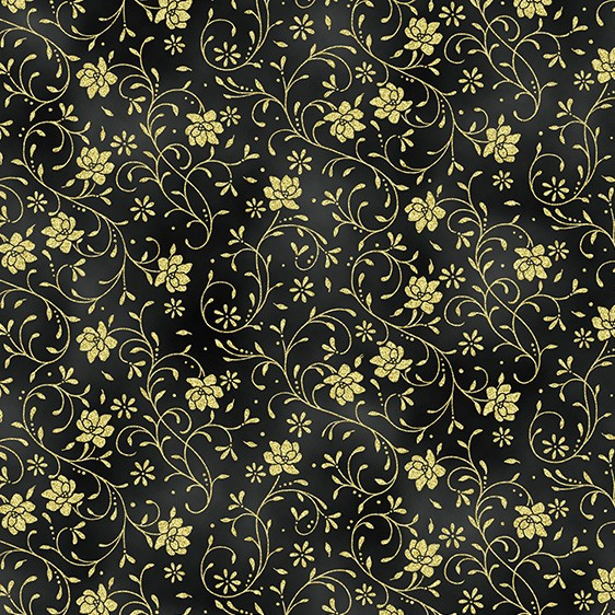Hoffman Ornament Grove Y7807-4G Black Gold Floral Vine Scroll Metallic | SOLD BY THE HALF-YARD