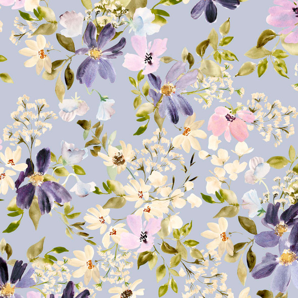 Serendipity by Leah Bisch for QT 32135-B Floral Dusty Periwinkle | SOLD BY THE HALF-YARD