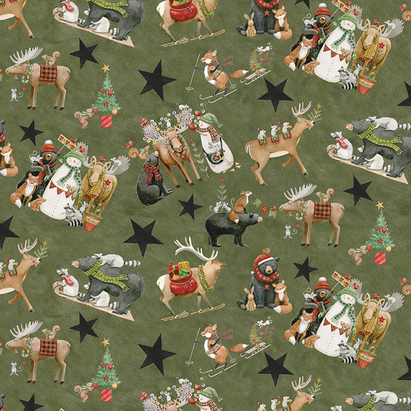 Riley Blake Northern Christmas Main Wildlife C17830 Green | SOLD BY THE HALF-YARD