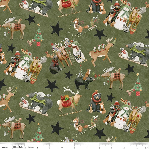Riley Blake Northern Christmas Main Wildlife C17830 Green | SOLD BY THE HALF-YARD
