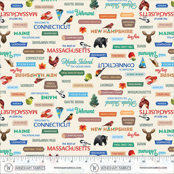 2026 All New England Shop Hop Fabric 55484D-6 Iconic New England Symbols and Names | SOLD BY THE HALF-YARD
