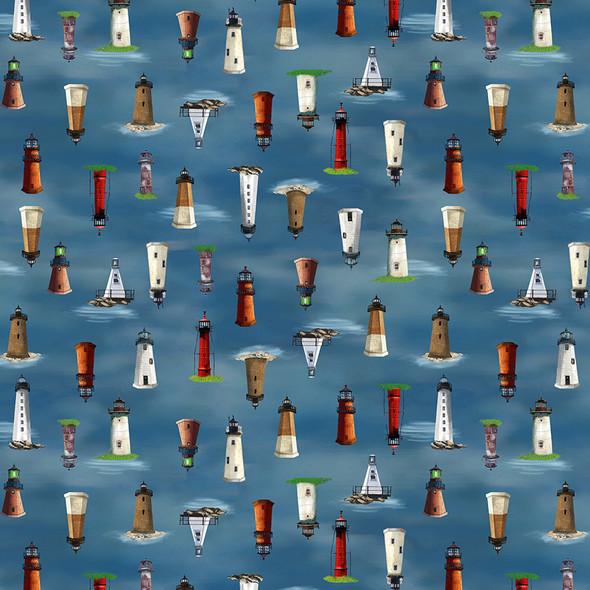 2026 All New England Shop Hop Fabric 55482D-4 Lighthouses | SOLD BY THE HALF-YARD