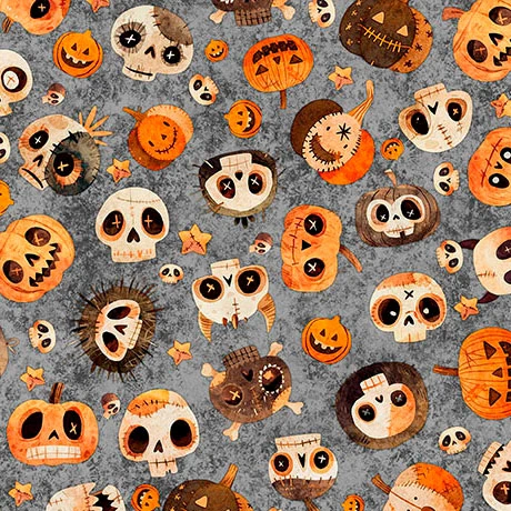 QT Fabrics A Haunting We Will Go 31947-K Skull and Pumpkin Toss Smoke | SOLD BY THE HALF-YARD