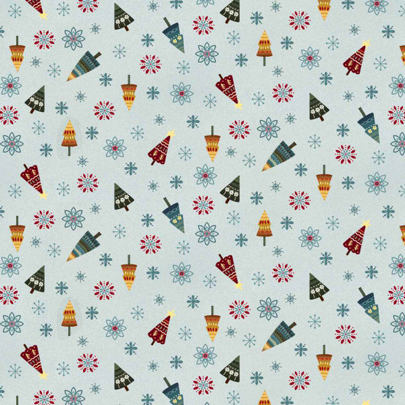 Nordic Holiday by Henry Glass 3608-17 Christmas Trees Snowflakes Ice Blue Multi| SOLD BY THE HALF-YARD