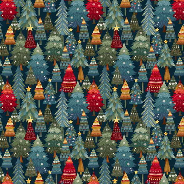 Nordic Holiday by Henry Glass 3606-77 Knit Christmas Pine Trees Dark Blue | SOLD BY THE HALF-YARD