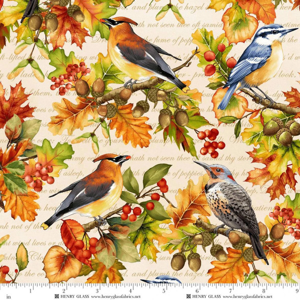 Henry Glass - Oak and Berries Digital 3653-44 Allover Birds and Fall Leaves| SOLD BY THE HALF-YARD