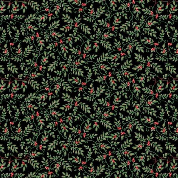 Sweet Christmas Memories Digital by Henry Glass 3620-99 Mini Holly Vines Black | SOLD BY THE HALF-YARD