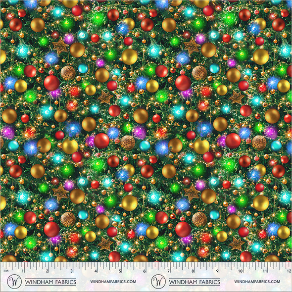 Winter Wonder by Windham 55167D-4 Lights and Decor Pine Christmas Tree with Ornaments Lights | SOLD BY THE HALF-YARD