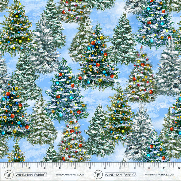 Winter Wonder by Windham 55166DPF-2 Christmas Tree Farm PUFF 3-D SNOW EFFECT Icy Blue | SOLD BY THE HALF-YARD