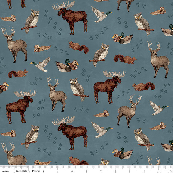 Riley Blake Whispering Pines C17951 Animal Toss and Tracks Blue | SOLD BY THE HALF-YARD