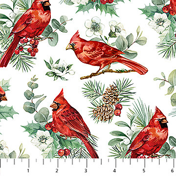 Northcott Home For Christmas by Deborah Edwards DP28925-10 Cardinals White Multi | SOLD BY THE HALF-YARD