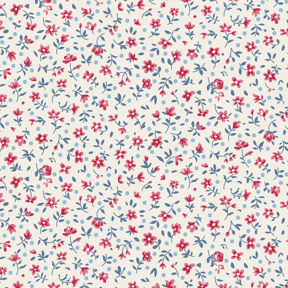 Tilda Village Life Blenders 110181 Mae Cream Sm Floral Red Blue | SOLD BY THE HALF-YARD