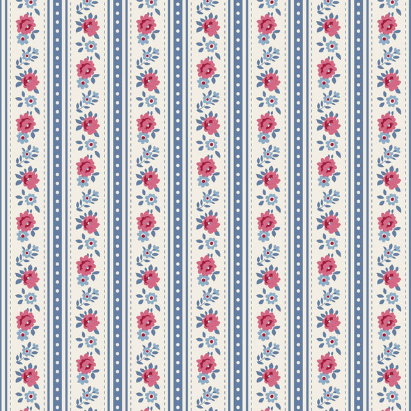 Tilda Village Life 100700 Agnes Blue Floral Stripe | SOLD BY THE HALF-YARD