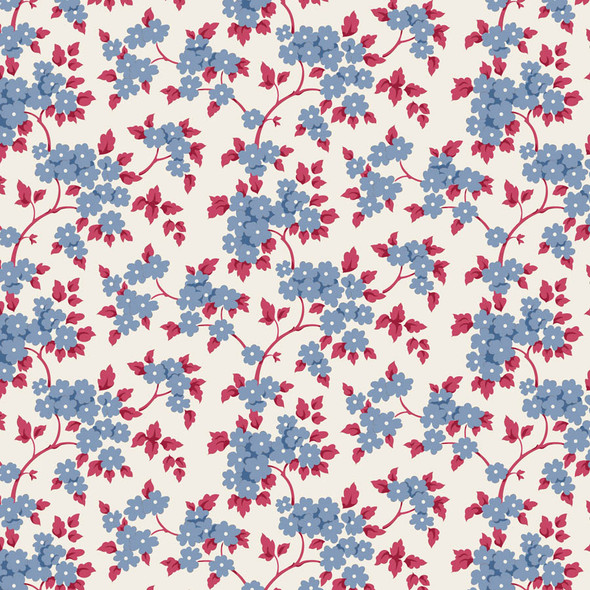 Tilda Village Life 100696 Ruth Blue Flowers Red Vines Leaves | SOLD BY THE HALF-YARD