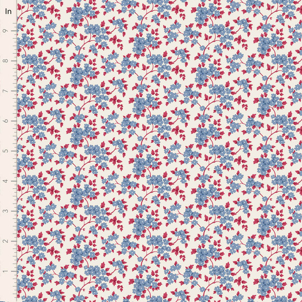 Tilda Village Life 100696 Ruth Blue Flowers Red Vines Leaves | SOLD BY THE HALF-YARD