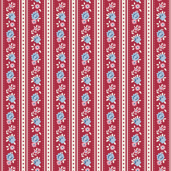 Tilda Village Life 100693 Agnes Burgundy Floral Stripe | SOLD BY THE HALF-YARD