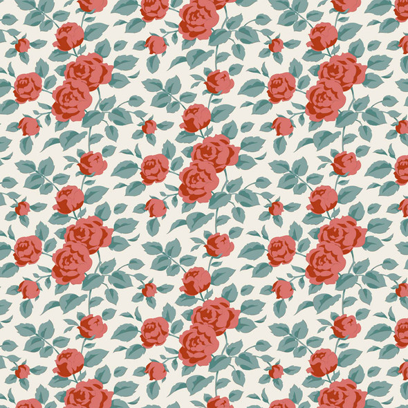 Tilda Village Life 100684 Margot Rust Roses Teal Leaves | SOLD BY THE HALF-YARD
