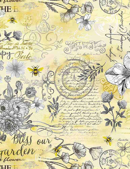Timeless Treasures BEE-CD1356 Queen Bee Toile Old Fashioned Text | Per Half Yard