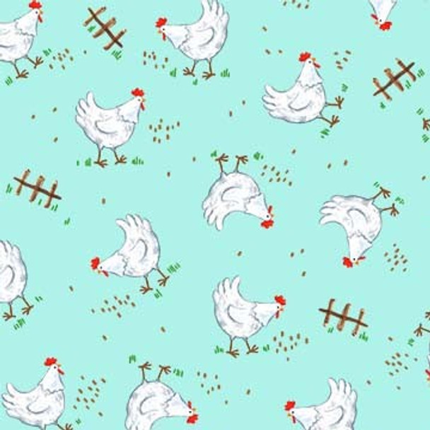 Michael Miller My Little Farm - Cluck Cluck Chicken Aqua | Per Half Yard