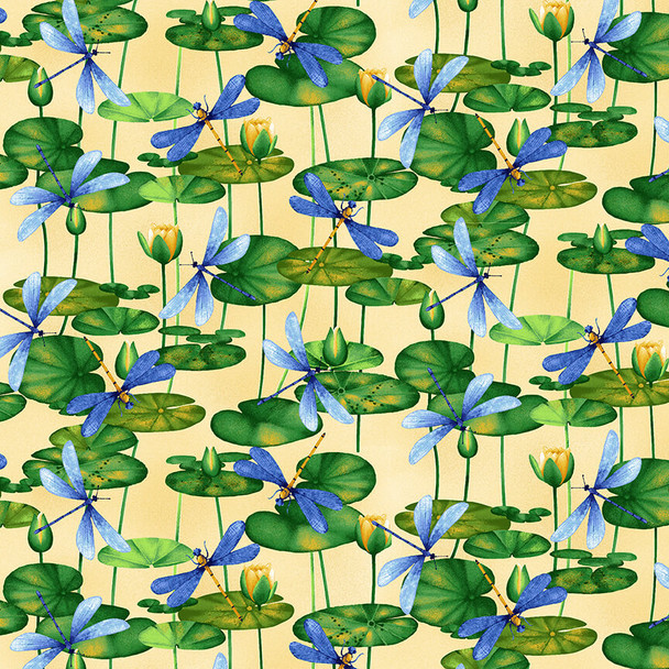 Henry Glass Water Lily Magic 2887-33 Yellow Dragonfly and Water Lily | Per Half Yard