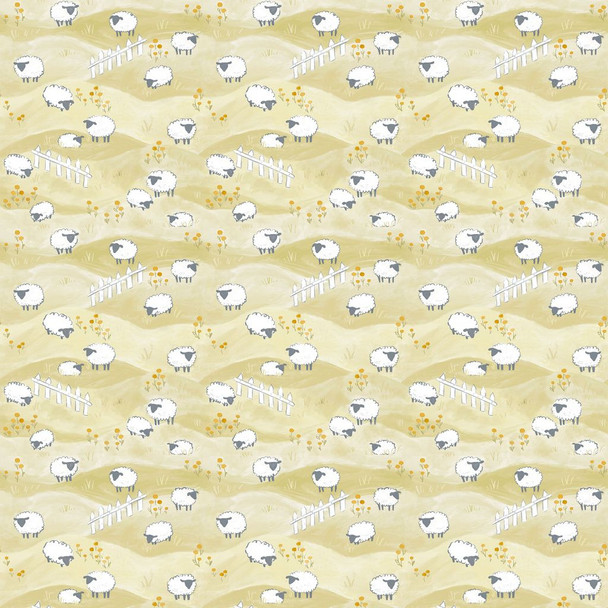 cute sheep fabric with white fence and tan background