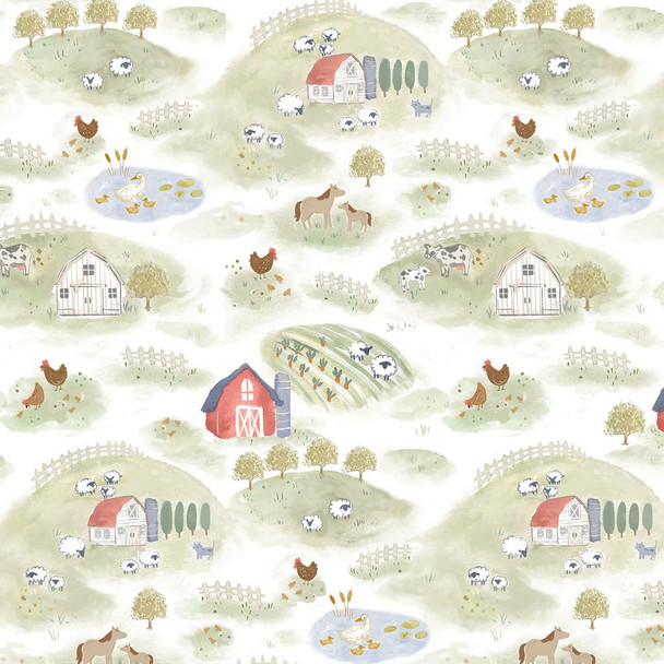 fabric with farm scene - barns, horses, chickens, rolling hills in a whimsical style