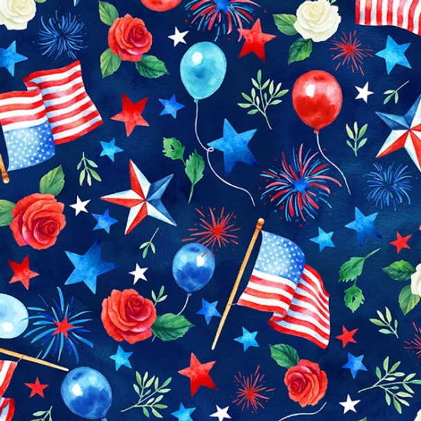 4th of july fabric with American flags, stars, balloons, festive