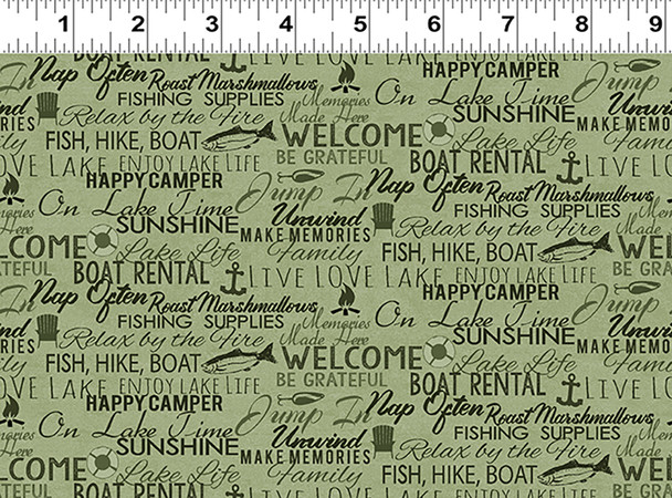 Clothworks - On Lake Time Y3716-23 Words Light Olive Camping Fishing | Per Half Yard