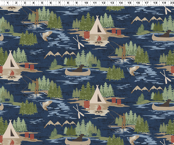 Clothworks - On Lake Time Gear Y3714-53 Toile Navy Blue Camping Fishing | Per Half Yard