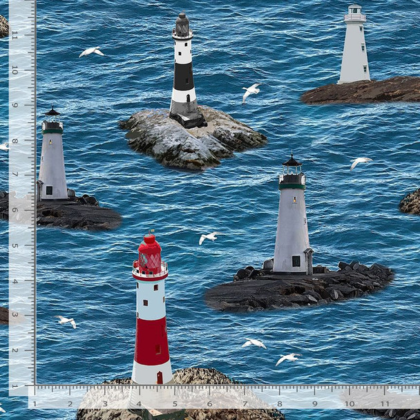 Timeless Treasures Coastal Living Nautical Lighthouses Digital  SEA-CD1796  | Per Half Yard