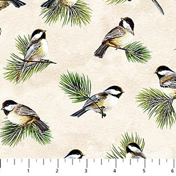 Northcott Cabin View Digital - Chickadees Tosca Cream Multi DP25117-12 | Per Half Yard