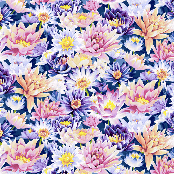 Clothworks Dragonfly Days Digital Y3754-90 Packed Water Lilies Blue | Per Half Yard