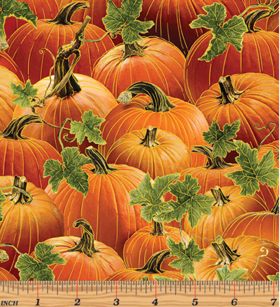Benartex Harvest Festival 14041M-80 Harvest Pumpkins Rust Orange Metallic| Per Half Yard