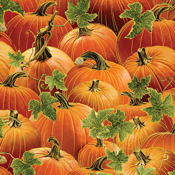 Benartex Harvest Festival 14041M-80 Harvest Pumpkins Rust Orange Metallic| Per Half Yard