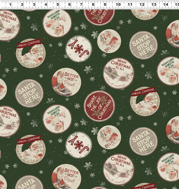 Clothworks Better Not Pout Y3784-113 Vintage Christmas Ornaments Sayings Forest Green  | Sold By Half-Yard