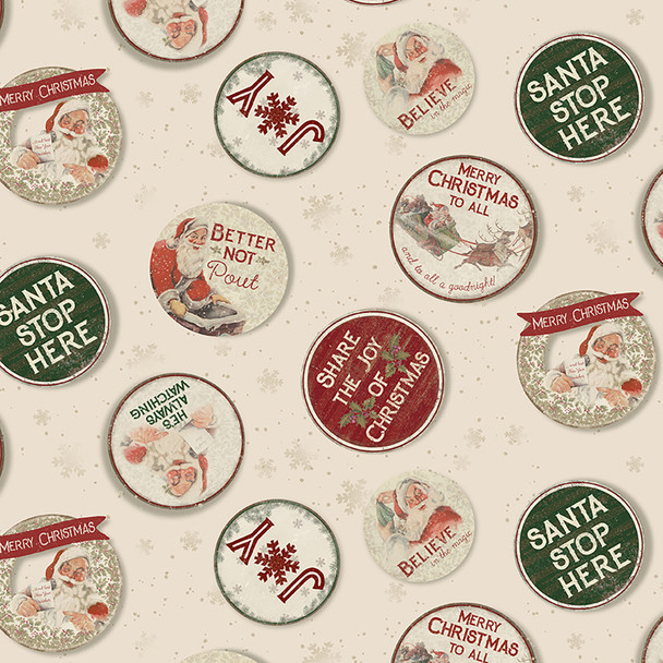 Clothworks Better Not Pout Y3784-57 Vintage Christmas Ornaments Sayings Cream | Sold By Half-Yard