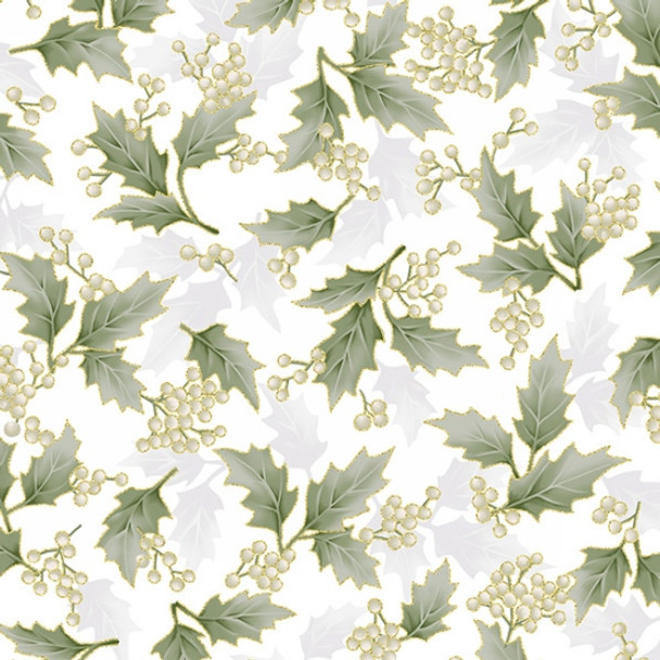 Hoffman Holiday Elegance - Holly Berries White Gold | Per Half Yard