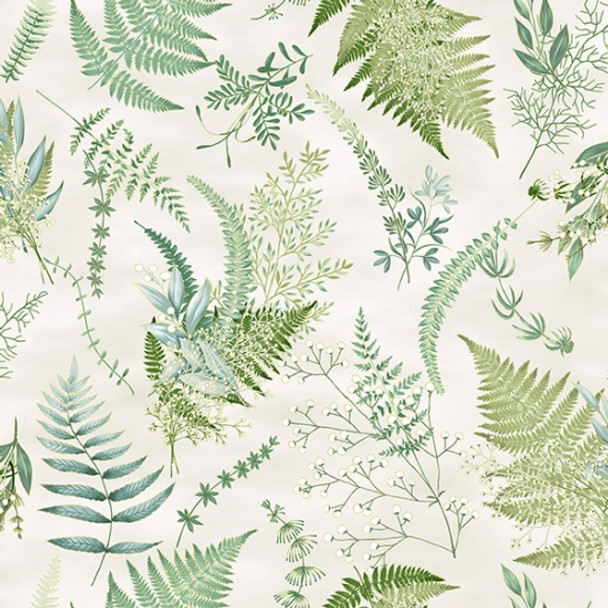 Hoffman Chickadee Cheer Ferns Metallic Natural/Gold |Per Half Yard