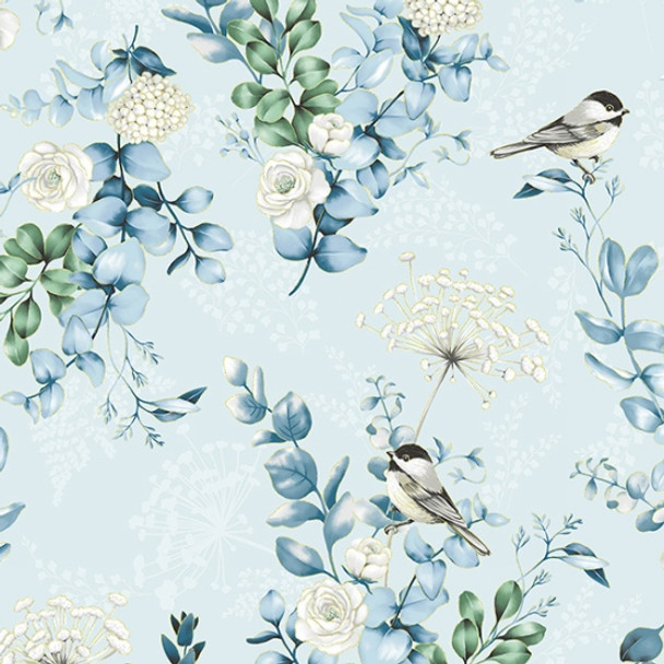 Hoffman Chickadee Cheer Chickadees Flowers Dusty Blue/Gold Metallic |Per Half Yard