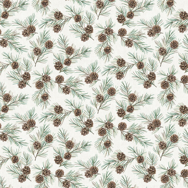 Northcott White Linen Christmas 25430-10 Off White Multi Pine Cones | Per Half Yard