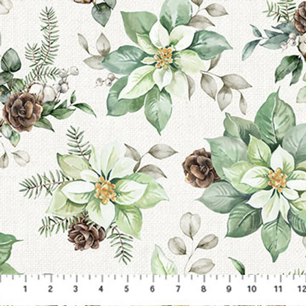 Northcott White Linen Christmas 25428-10 Off White Multi Open Poinsettia Pine Cones Cotton| Per Half Yard