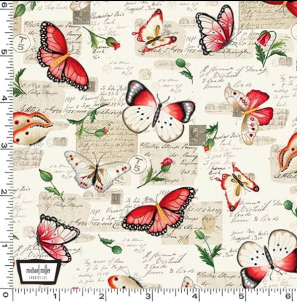 Michael Miller What's Poppin Butterfly Park Beige Antique Lettering |Per Half Yard