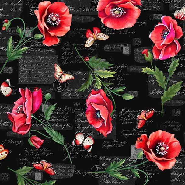 Michael Miller What's Poppin Scarlet Poppies Black |Per Half Yard