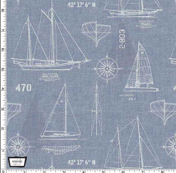 Michael Miller Bon Voyage -  Sail Plan Sailboats Blue | Per Half Yard