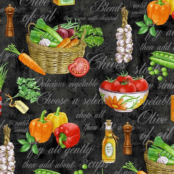 black background fabric with colorful garden salad vegetables, some in a bowl, subtle recipe script in background